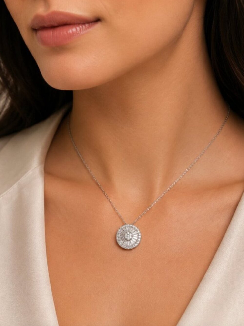 18k White Gold Round Circle Necklace Large Statement Necklace